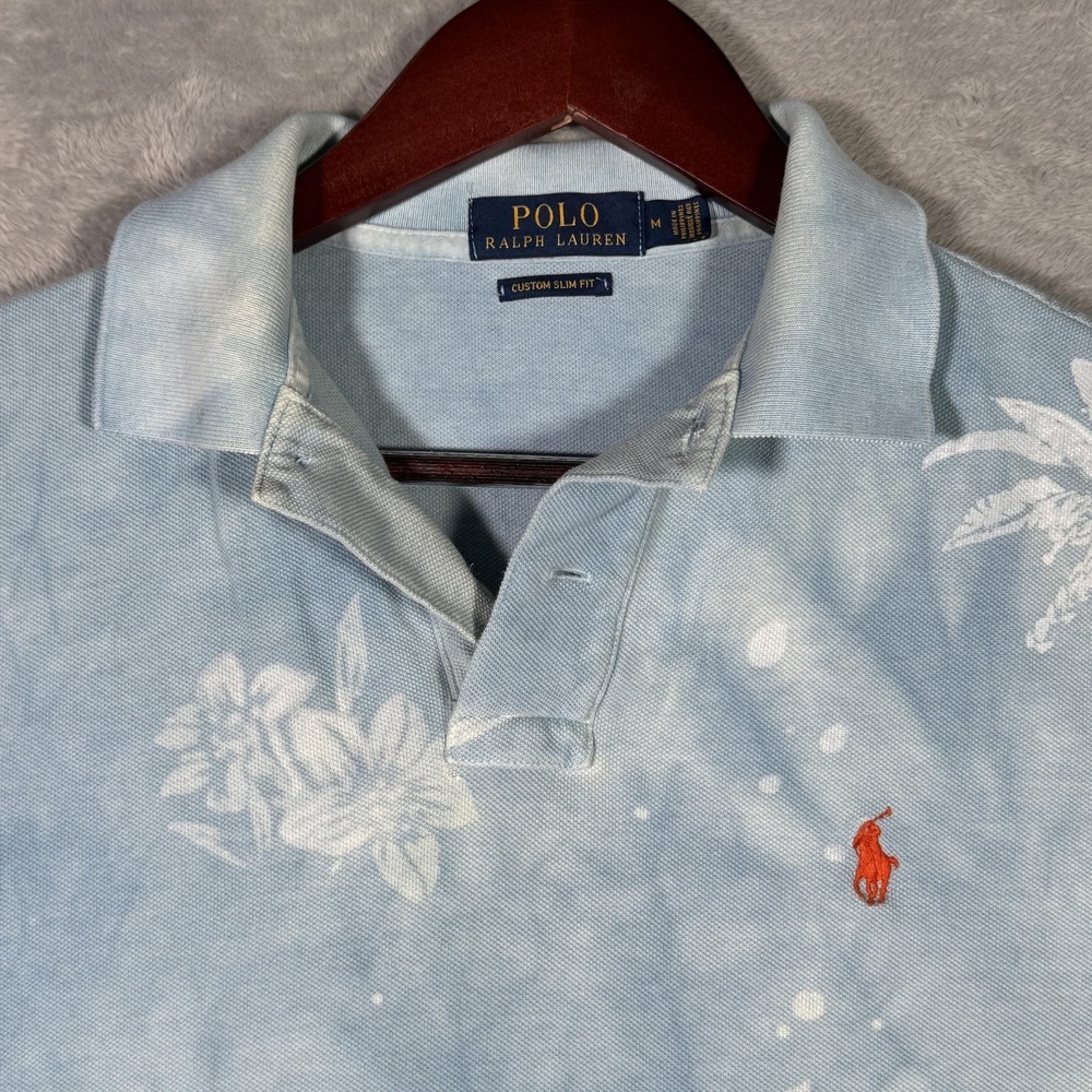 Polo Ralph Lauren Polo Shirt Mens M Blue Palm Tree Tie Dye Custom Slim‎ Hawaiian - Picture 2 of 11